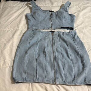 Haute Monde Women’s Size L, 2 Piece Set Outfit Denim Skirt Diamond Crop Bra Top